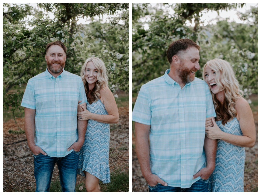 couple photos in apple orchard in blue outfits lake chelan
