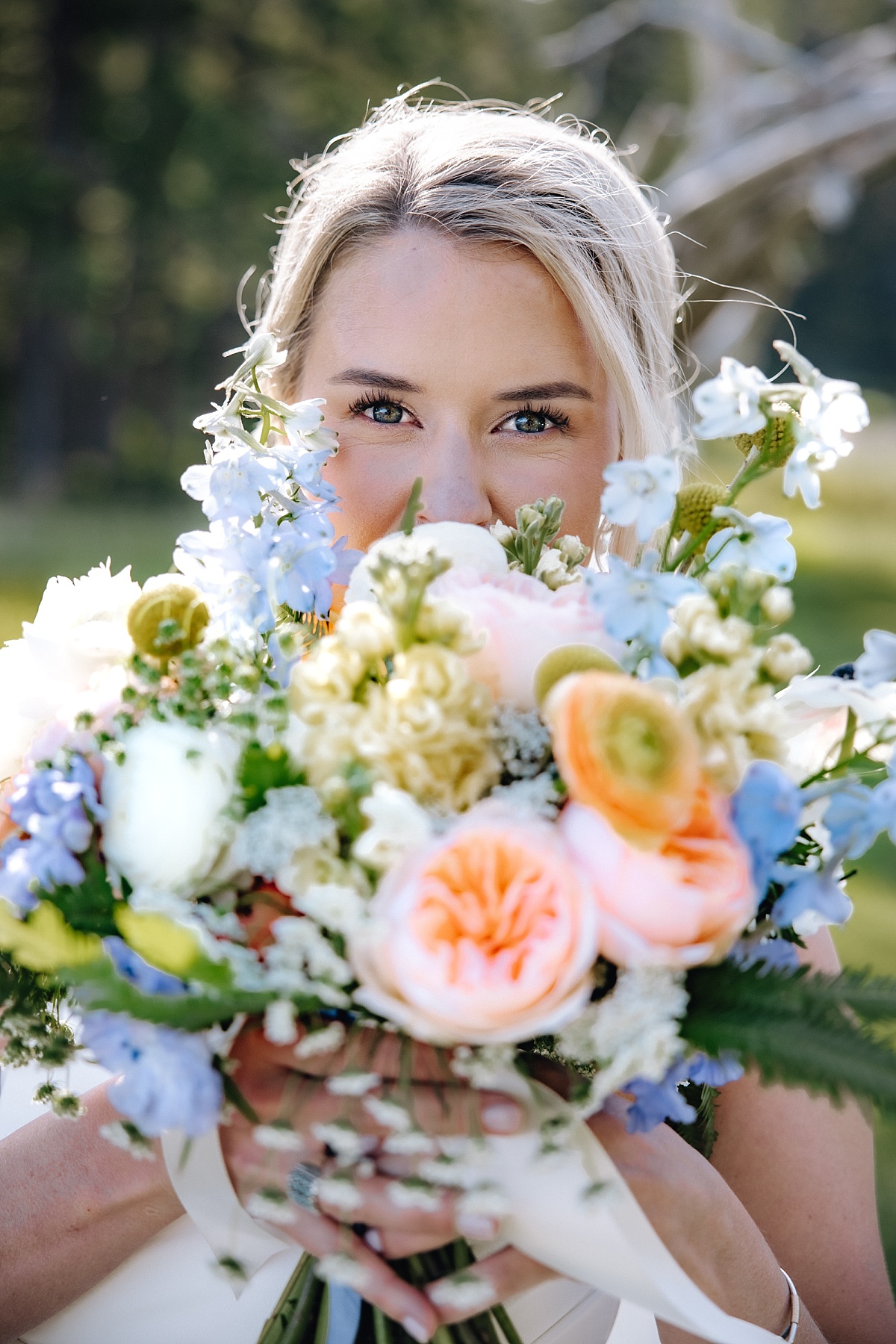 wildflower bouquet with bride on Orcas Island