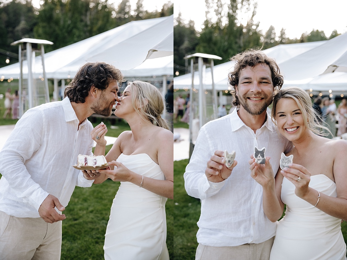 Couple sharing cake eating moment at golden hour on Orcas Island