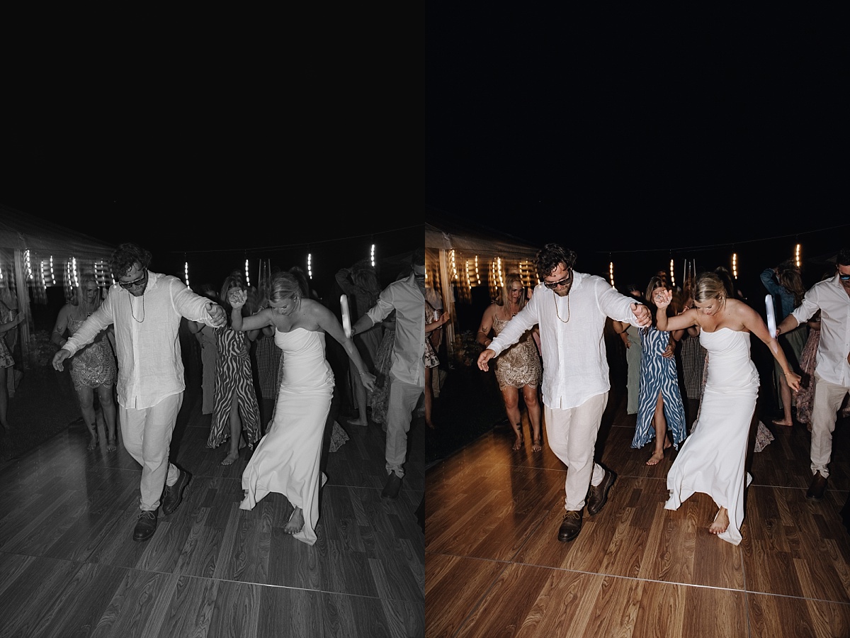 Groom line dancing with bride on orcas island wedding
